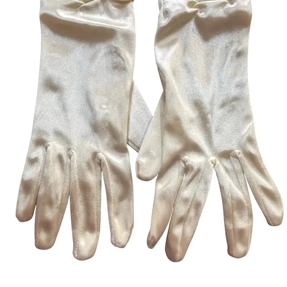 Ladies ruched satin gloves creamy white nylon ruched stretch spandex One Size